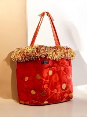 Bagolitas by Janice Bags Rust Gold Circle Fringe Brocade Tote Bag Purse